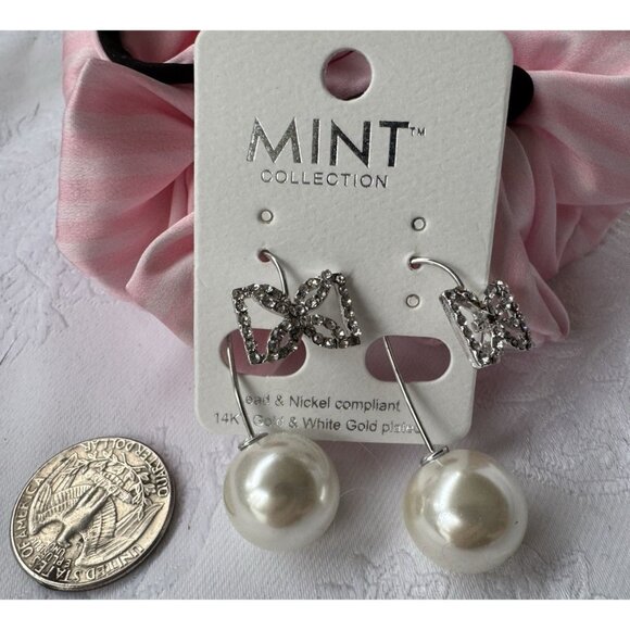 Mint 14KT White & Gold Plated Silvertone Pearl Bow Lead Free CZ Earrings NEW - Picture 5 of 8